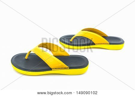 Colorful of Sandals shoes Yellow and black flip flops on white background.