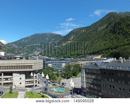 The Principality of Andorra  and the eastern Pyrenees mountains in Southwestern Europe