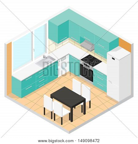 Kitchen Isometric Interior with Furniture. Vector illustration