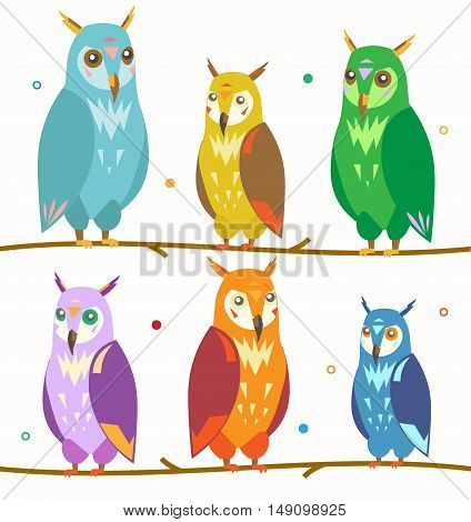 Cute Colorful Owl Set on the Branch Isolated on White Background.. Vector illustration