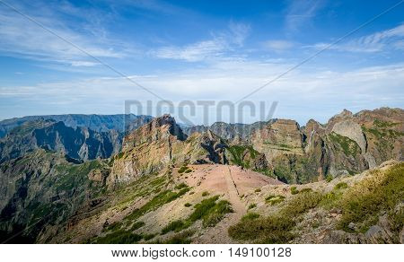 Mountain landscape with Pico Arieiro to Pico Ruivo hiking route. Madeira island, Portugal.