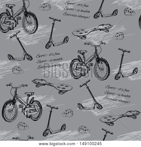 Vector illustration of seamless pattern of hand drawn baby bike, skateboard, Kick scooter, wave board and helmet. Template for wrapping paper.