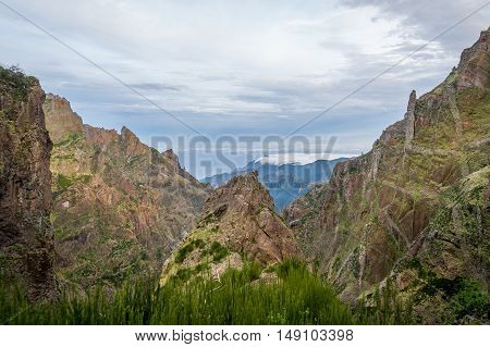 Scenic landscape of Madeira island. Pico Ruivo to Pico Arieiro hiking path.