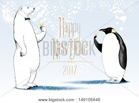 Happy New Year 2017 vector seasonal greeting card. Penguin polar bear cute characters drinking glass of champagne funny nonstandard illustration. Design element with Happy New Year hand drawn