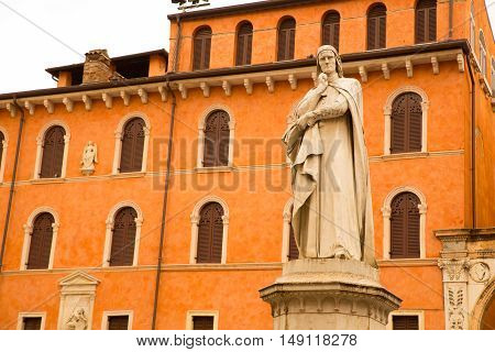 The Dante Alighieri statue in the center of Verona Italy.