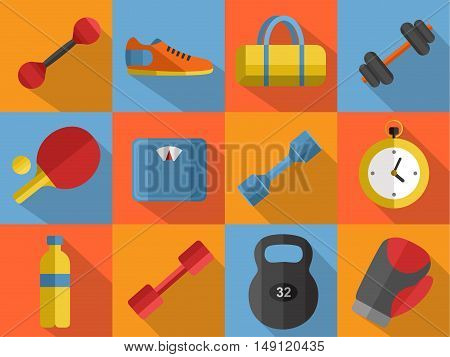 Vector illustration of gym sports equipment icons set. Boxing gloves, weight, bag, sports shoes, ping pong paddle, dumbbell, stopwatch and weigher on color background. Flat signs with long shadow