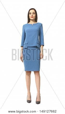 indian business woman with straight hair style in official gray skirt suit high heel shoes full body length isolated on white