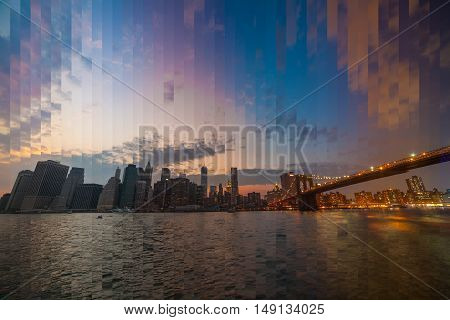 Downtown Manhattan skyline at dusk, New York City - NY - USA. TimeSlise shooting technique.