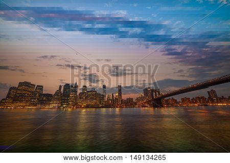 Downtown Manhattan skyline at dusk, New York City - NY - USA. TimeSlise shooting technique.