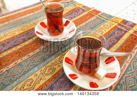 Black Turkish tea in traditional glasses. Istambul Turkey.