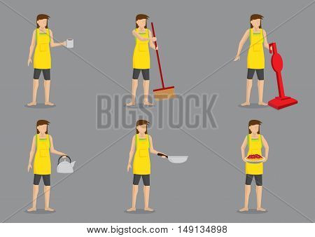 Young housewife cartoon character wearing a yellow apron and holding different household items. Set of six vector illustrations isolated on plain grey background.