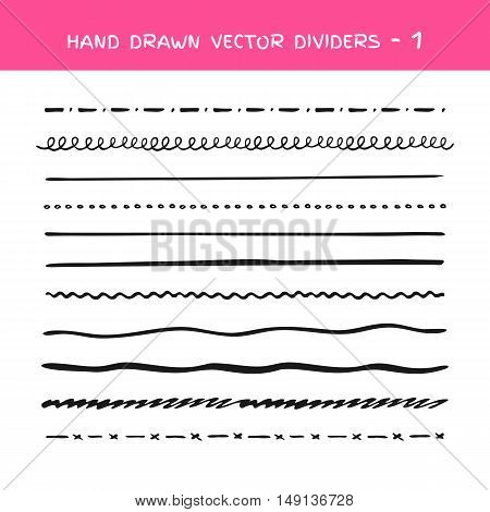 Black vector marker strokes collection. Set of vector hand drawn brushes elements. Doodle lines, various dividers for web sites