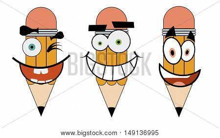 Set of cartoon pencils characters smiling color line student. Drawing education happy pencils characters vector set. Face draw cartoon write cute pencils characters office work mascot tool.