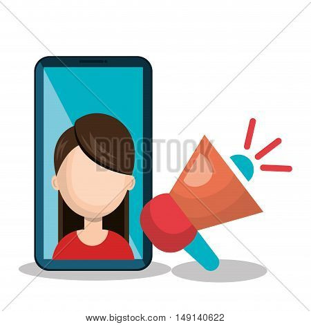 chracter female with smartphone and megaphone social network vector illustration