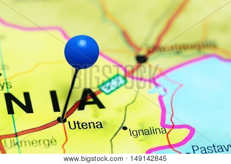 Utena pinned on a map of Lithuania