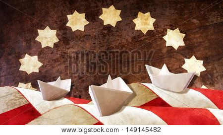 Columbus Day. Three Paper Caravels and Flag Waves.