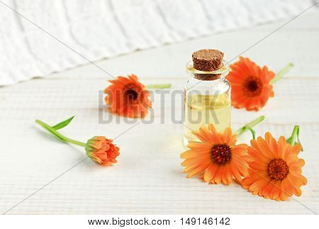 Bottle of Herbal infused calendula oil, bright orange flowers. Natural healing skincare cosmetic product.