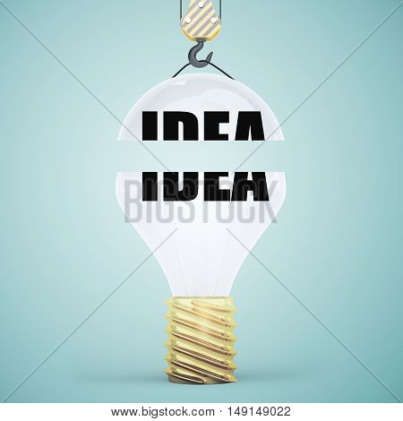 Creative light bulb suspended on crane hook. Blue background. Idea concept. 3D Rendering