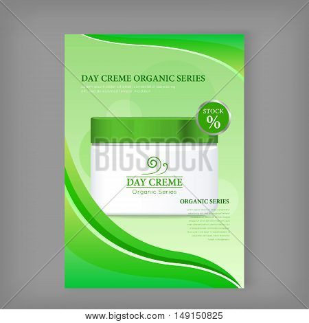 Day cream organic series bottle isolated. Stock. Discount banner. Cosmetic product flasks with logo or symbol on nameplate. Reservoir with label. Part of series of decorative cosmetics items. Vector