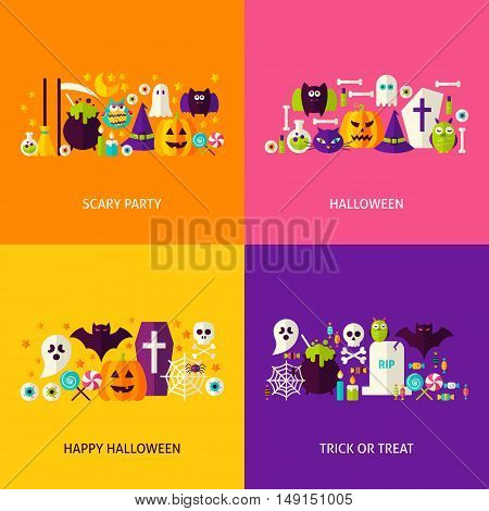 Halloween Party Concepts Set. Flat Design Vector Illustration. Collection of Trick or Treat Colorful Objects.