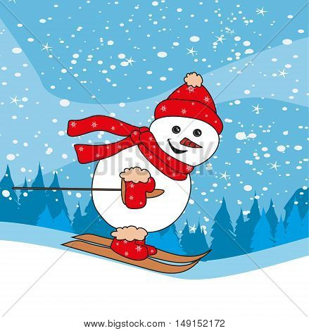 Christmas cartoon character skiing snowman , vector illustration