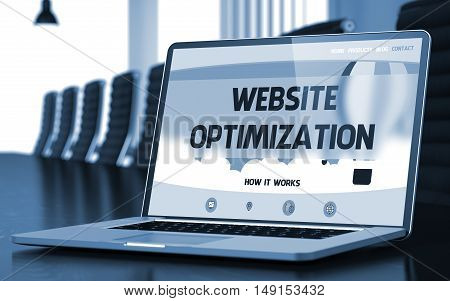 Website Optimization Concept. Closeup Landing Page on Mobile Computer Display on Background of Conference Hall in Modern Office. Blurred. Toned Image. 3D Illustration.