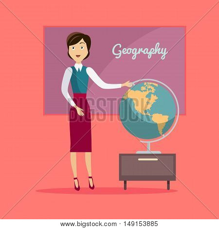Subject of geography education conceptual banner. Geography teacher school standing next to a large globe. World map globe earth and continent, knowledge about global planet, vector illustration