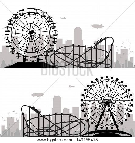 vector background of a city and amusement park with ferris wheel and roller-coaster