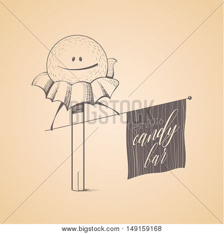 Sweet shop candy store confectionery vector logo icon symbol emblem. Cute funny hand drawn graphic design element with candy stick lollipop bonbon caramel. Sweet food and candy concept