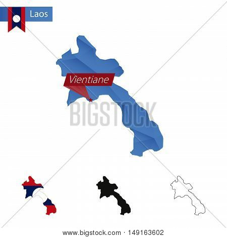 Laos Blue Low Poly Map With Capital Vientiane.