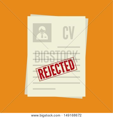 Pack of sheets of paper with stamp of rejected. Summary with  mark about refusal. Cv denial. resume, personal file