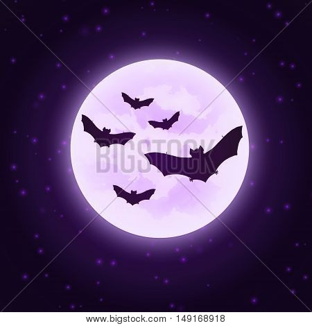 Vector bats with moon. Silhouettes bats on night sky. Dark purple image. Halloween illustration.