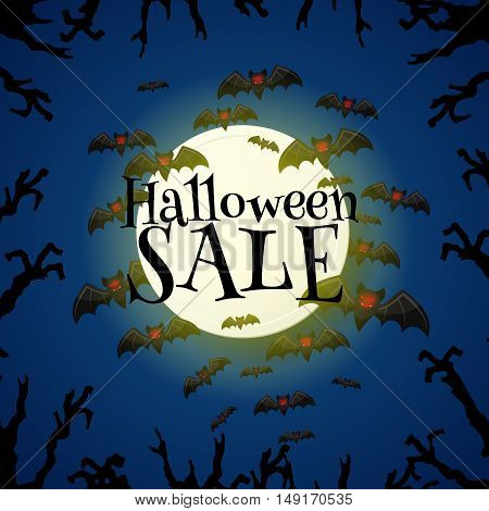 Halloween sale offer design template. Halloween sale lettering over moon and night sky with bats and trees hands. Cartoon style vector illustration