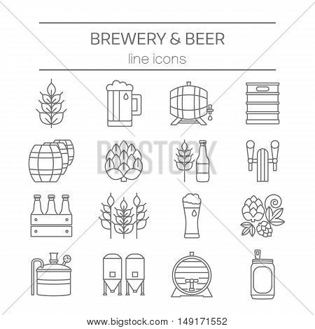 Big set of modern thin line icons of brewery icons and different beer symbols for pub, bar or other brewing related business isolated on background. Vector illustration. Octoberfest icon series.