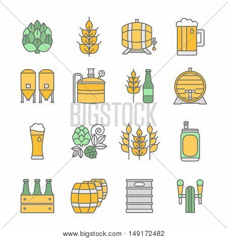 Big set of color thin line icons of brewery and different beer symbols for pub, bar or other brewing related business isolated on background. Vector illustration. Octoberfest icon series.