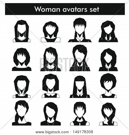 Woman avatars set in black simple style. Vector illustration