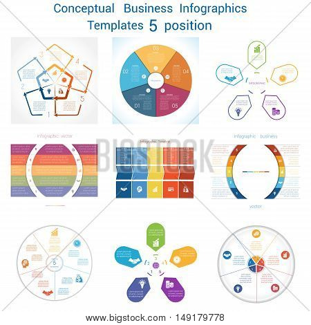 Set Vector templates Infographics business conceptual cyclic processes for five positions text area possible to use for pie chart workflow banner diagram web design timeline area chart