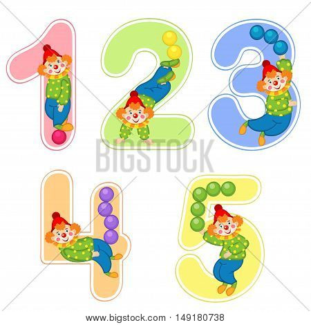 set of numbers with clown juggler from 1 to 5 - vector illustration, eps