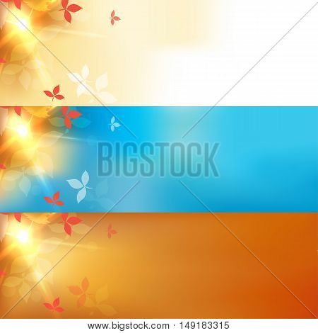 Set of autumn blurred blue abstract banners with bokeh effect, red leaves. Vector illustration