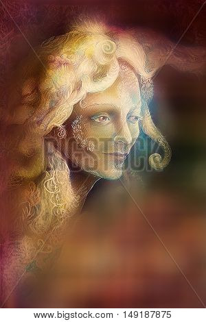 fairytale fairy woman face on abstract background with ornaments.