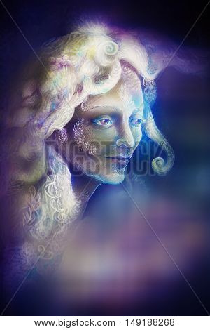 beautiful angel fairy spirit in rays of purple light, illustration.