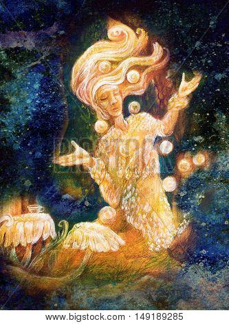 magical radiant fairy spirit in forest dwelling making floating lights.