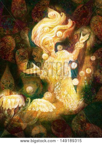 magical radiant fairy spirit in forest dwelling making floating lights.