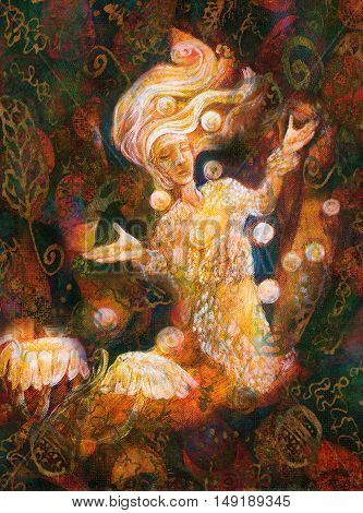 magical radiant fairy spirit in forest dwelling making floating lights.
