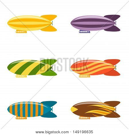 Colorful Airship Set. Modern Aerostat Transport. Flat Design Style. Vector illustration