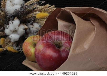 the apples in the bag next to the dry autumn flowers
