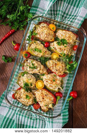 Stuffed Peppers Minced Chicken With Pepper Chilli With Tomat. Top View