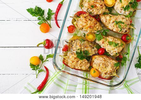 Stuffed Peppers Minced Chicken With Pepper Chilli With Tomat. Top View