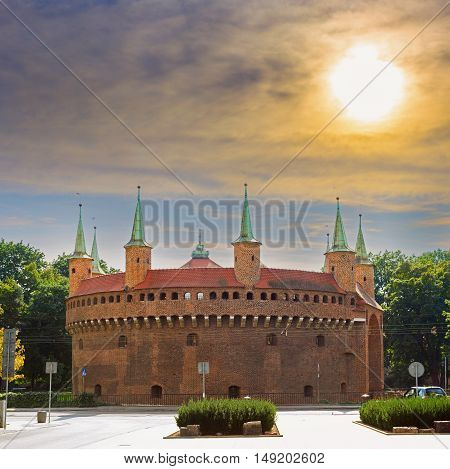 Barbican in Krakow in cloudy sunny day Poland