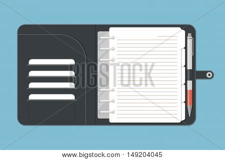 Opened notebook with pen in top view. Personal organizer or diary. Notepad for business and important notes. Blank pages. Vector illustration